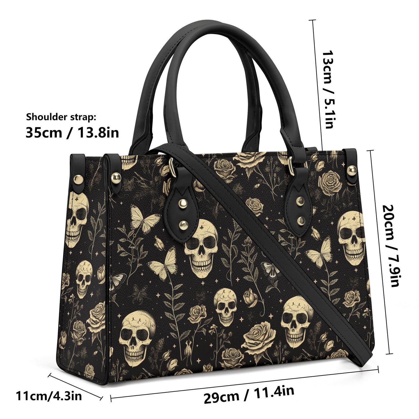 Gold Skull and Roses PU Leather Tote Bag, Goth Witch Trendy Fashion Handbag, Dark academia Vegan Leather Handbag Gift, Boho Crossbody Bag