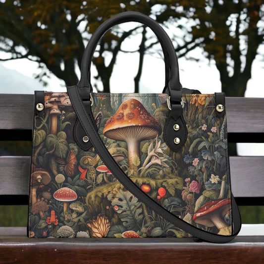 Green Mushroom PU Leather Tote Bag, Cottagecore Mushroom Trendy Fashion Handbag, Dark academia Vegan Leather Handbag Gift Boho Crossbody Bag