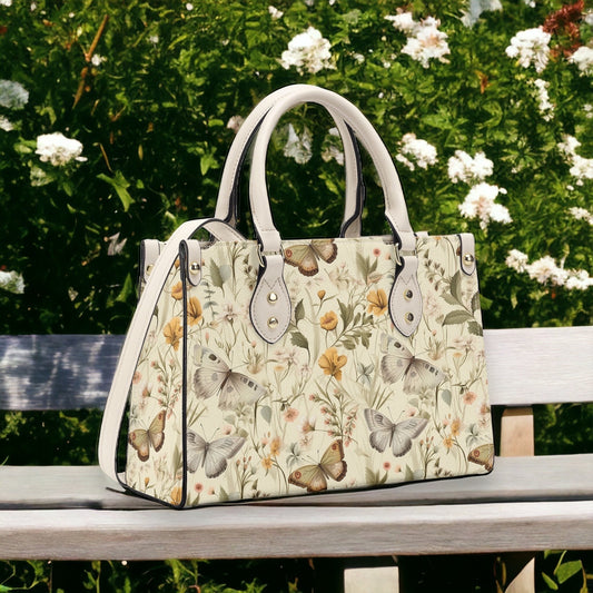 Beige Boho PU Leather Tote Bag, Cottagecore Butterfly Trendy Fashion Handbag, Dark academia Vegan Leather Handbag Gift, Boho Crossbody Bag