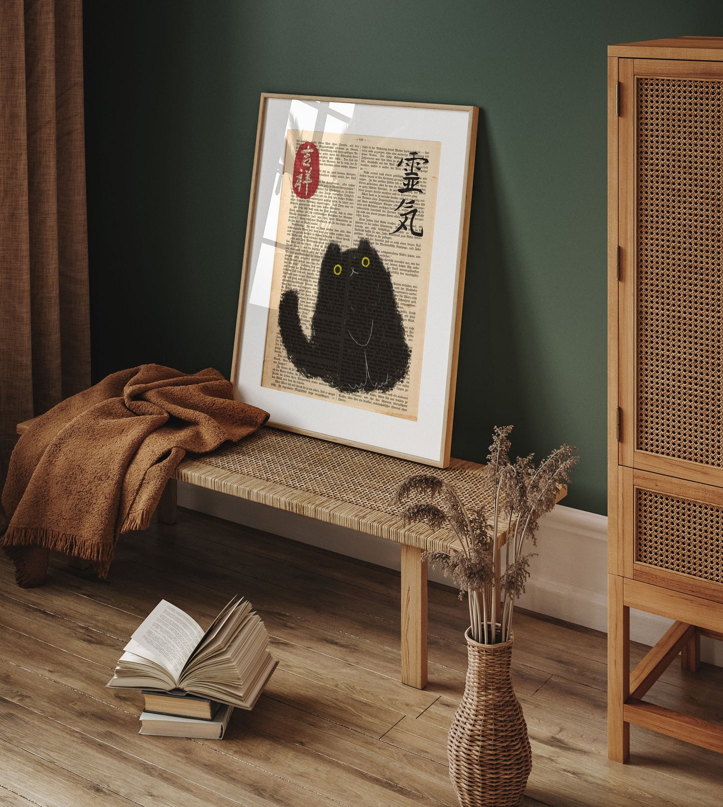 Japanese Cat Poster on vintage book page, Japanese cat art print, Cat Lovers Gift, Japanese VIntage Wall Art, Japanese woodblock print