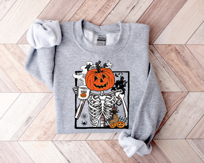 Pumpkin Skeleton Drinking Coffee Shirt, Funny Halloween T shirt, Skeleton Coffee Lover Shirts, Enjoy Pumpkin Sweatshirt, Coffee Lover Tees