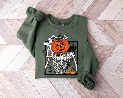 Pumpkin Skeleton Drinking Coffee Shirt, Funny Halloween T shirt, Skeleton Coffee Lover Shirts, Enjoy Pumpkin Sweatshirt, Coffee Lover Tees
