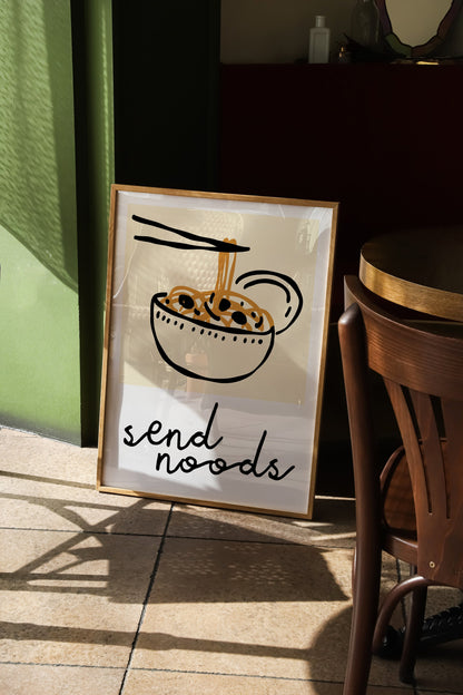 Send Noods Fun Kitchen Print - Food Pun Noodles, Minimalist Quirky Retro Home Wall Art, 70s 80s 90s Wall Art, Kitchen Dining Room Art Poster