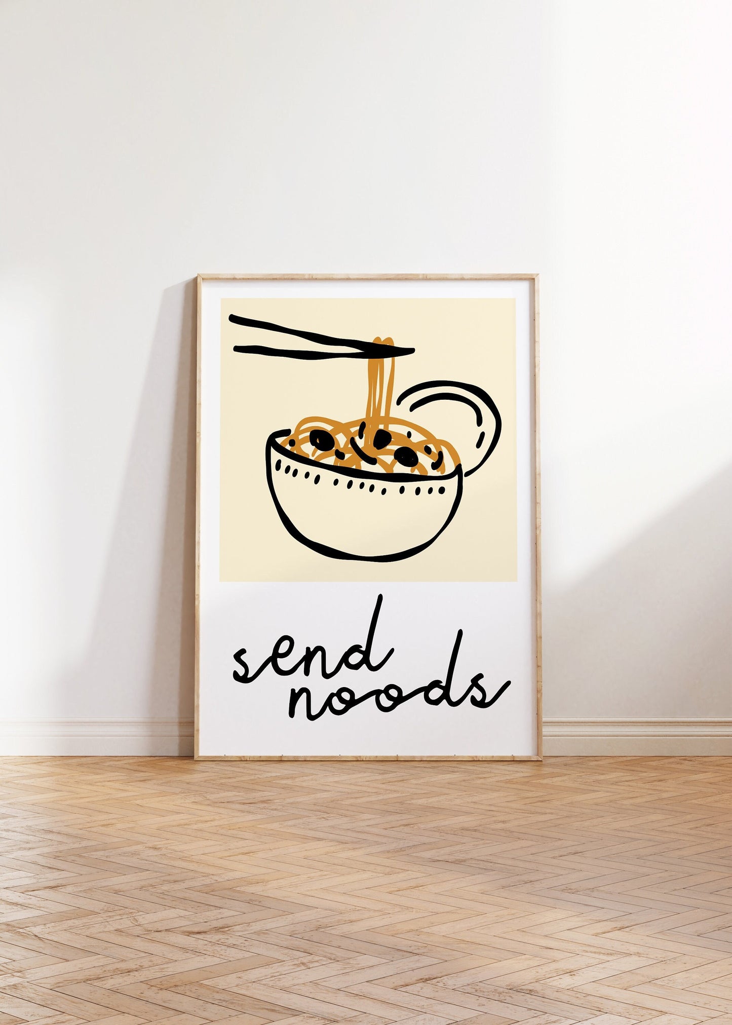 Send Noods Fun Kitchen Print - Food Pun Noodles, Minimalist Quirky Retro Home Wall Art, 70s 80s 90s Wall Art, Kitchen Dining Room Art Poster