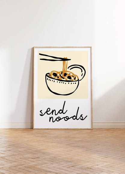 Send Noods Fun Kitchen Print - Food Pun Noodles, Minimalist Quirky Retro Home Wall Art, 70s 80s 90s Wall Art, Kitchen Dining Room Art Poster