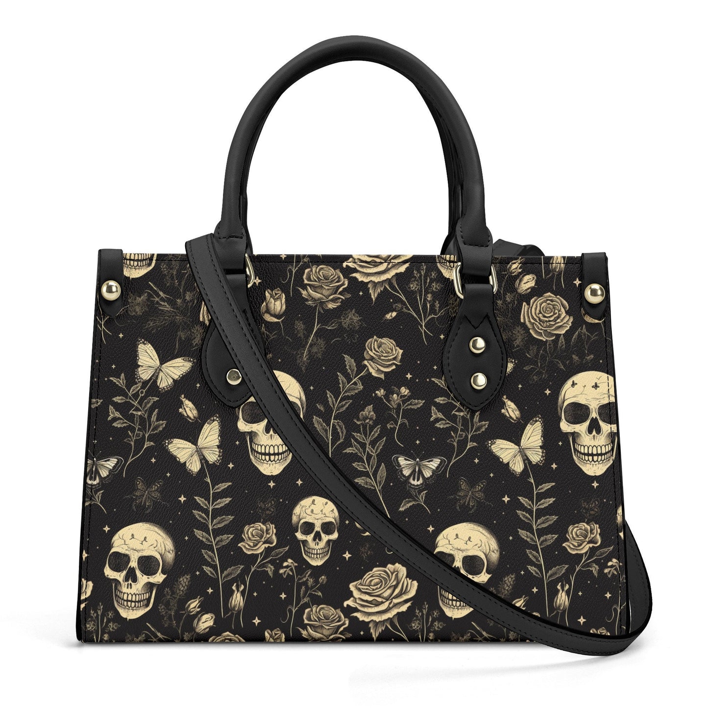 Gold Skull and Roses PU Leather Tote Bag, Goth Witch Trendy Fashion Handbag, Dark academia Vegan Leather Handbag Gift, Boho Crossbody Bag