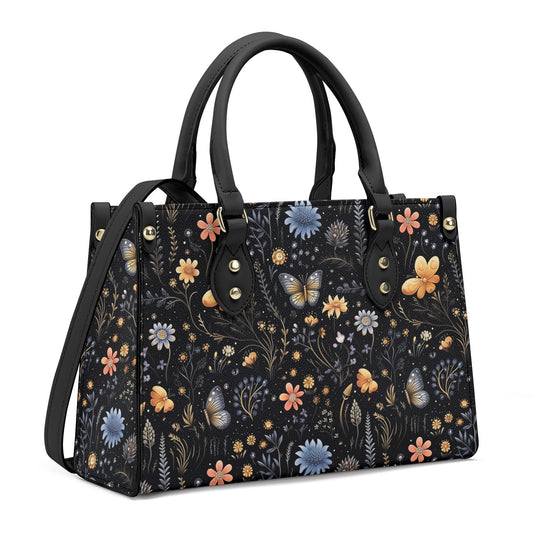 Dark Boho Wildflowers PU Leather Tote Bag, Cottagecore Butterfly Trendy Fashion Handbag, Dark academia Vegan Leather Handbag Boho Gift