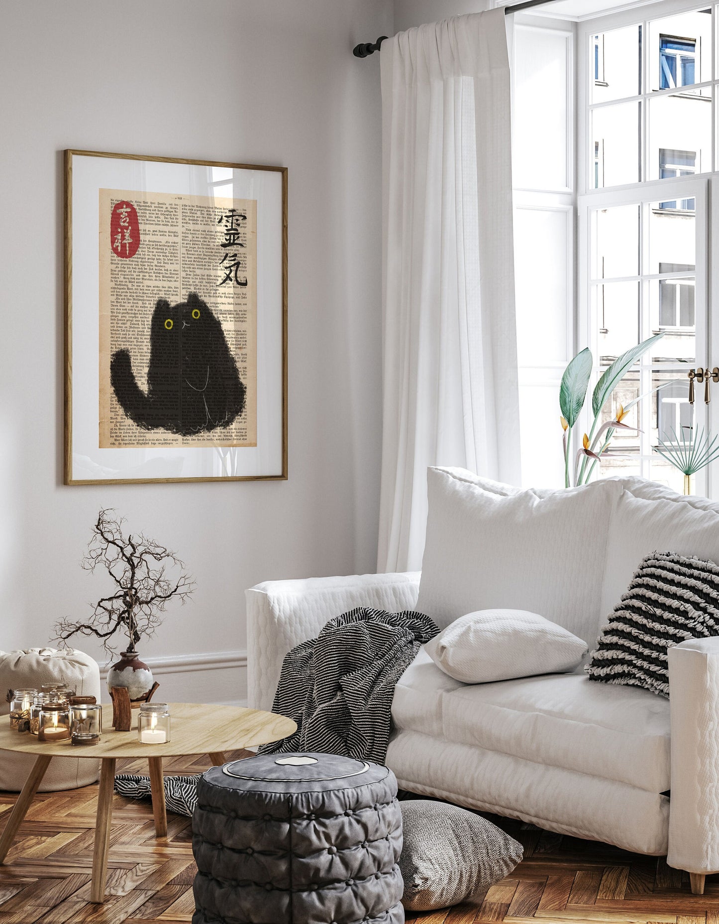 Japanese Cat Poster on vintage book page, Japanese cat art print, Cat Lovers Gift, Japanese VIntage Wall Art, Japanese woodblock print