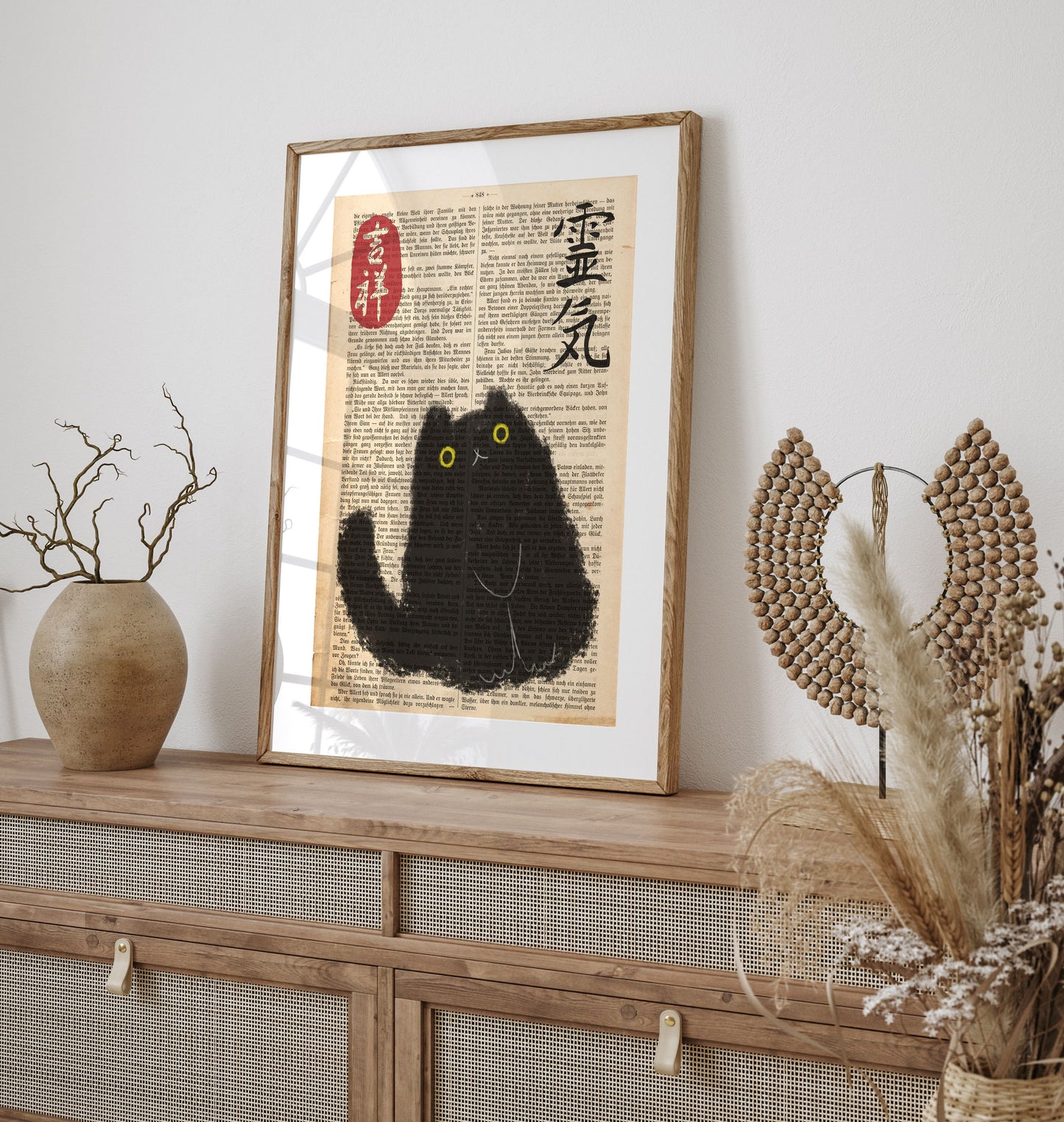 Japanese Cat Poster on vintage book page, Japanese cat art print, Cat Lovers Gift, Japanese VIntage Wall Art, Japanese woodblock print