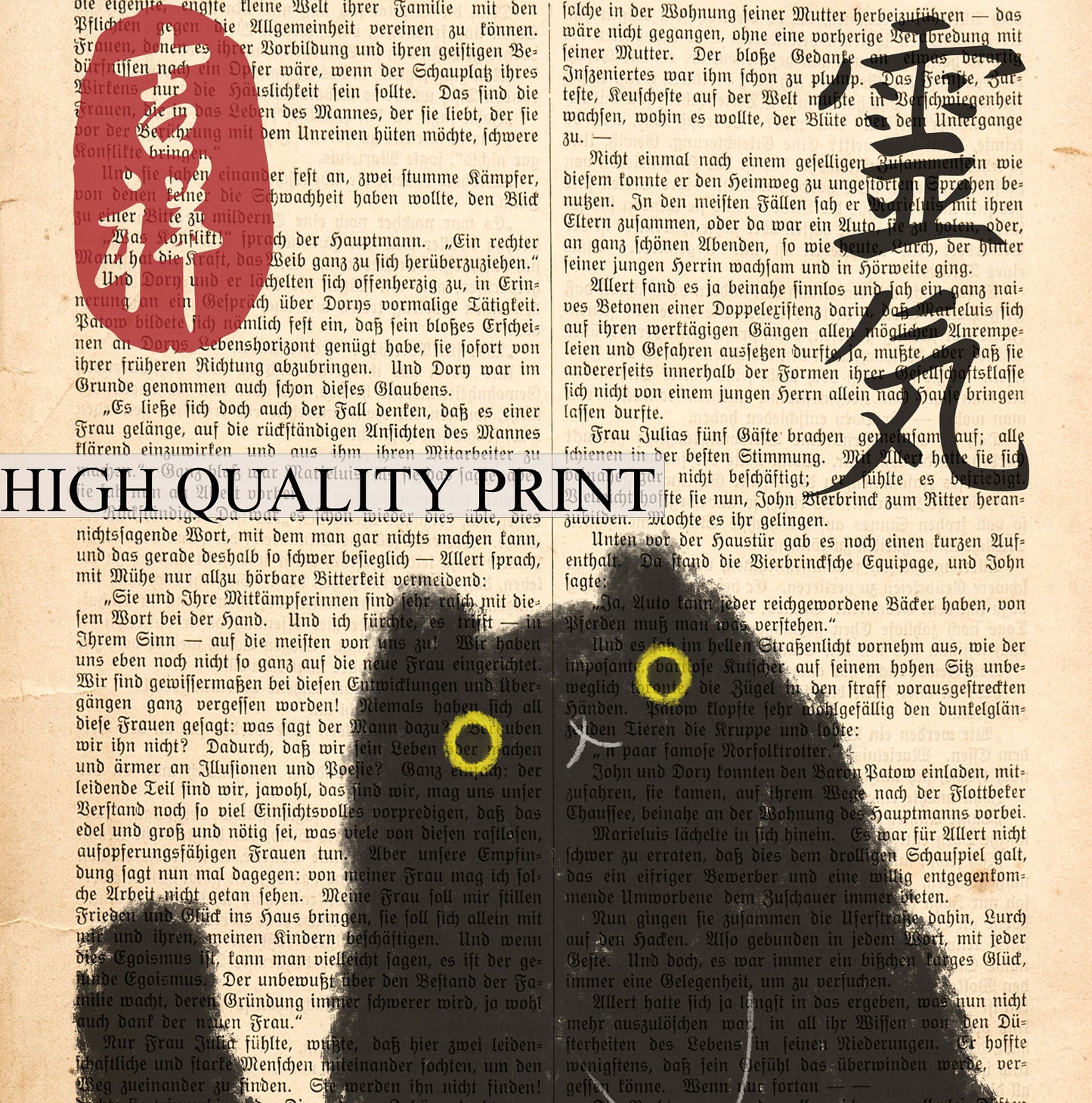 Japanese Cat Poster on vintage book page, Japanese cat art print, Cat Lovers Gift, Japanese VIntage Wall Art, Japanese woodblock print