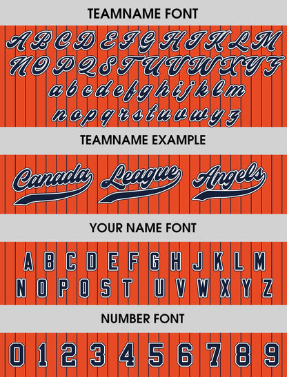 Printed Orange Navy Pinstripe Custom Baseball Jersey with Teamname Name Number, Jerseys Shirt for Men Women Youth Kid, Gift for Baseball Fan