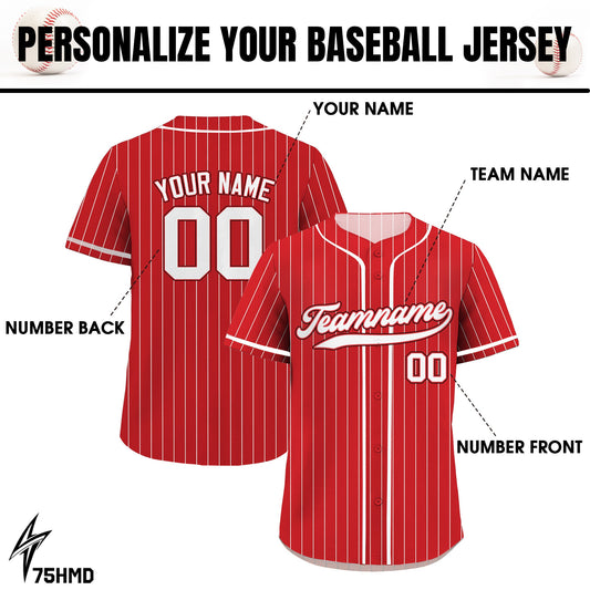 Printed Red White Pinstripe Custom Baseball Jersey with Teamname Name Number, Jersey Shirt for Men Women Youth Kid, Gift for Baseball Fans