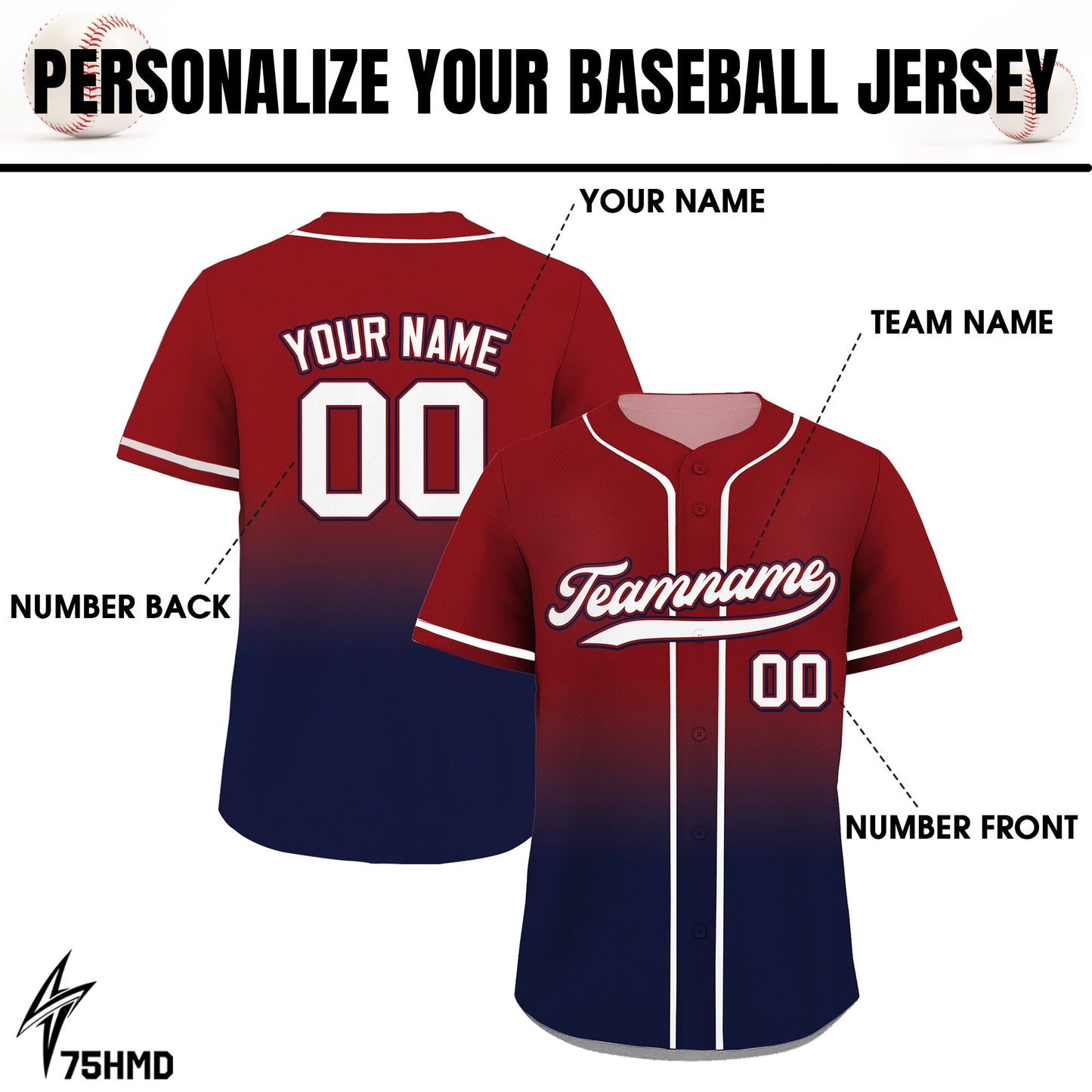 Printed Navy Red Gradient Custom Baseball Jersey with Teamname Name Number, Jerseys Shirt for Men Women Youth Kid, Gifts for Baseball Fans