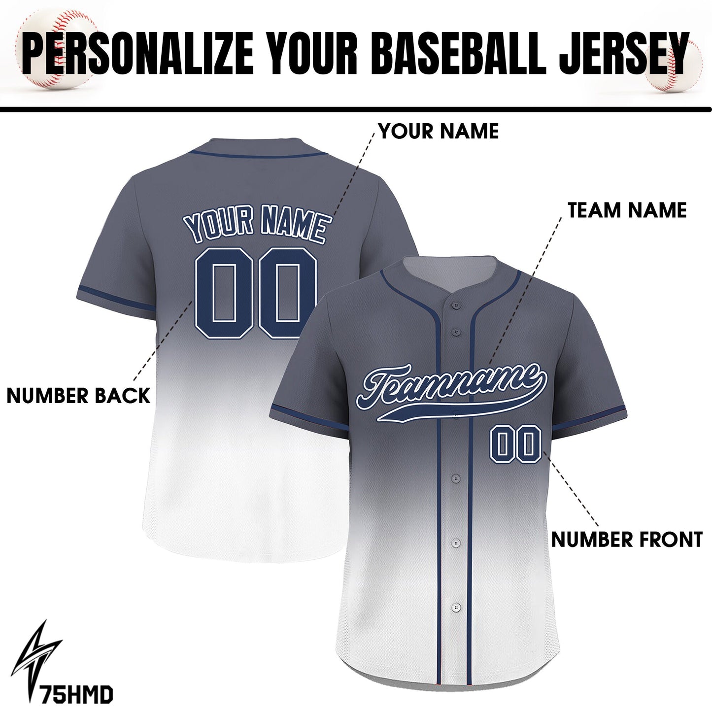 Printed White Gray Gradient Custom Baseball Jersey with Teamname Name Number, Jerseys Shirt for Men Women Youth Kid, Gifts for Baseball Fans