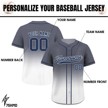 Printed White Gray Gradient Custom Baseball Jersey with Teamname Name Number, Jerseys Shirt for Men Women Youth Kid, Gifts for Baseball Fans