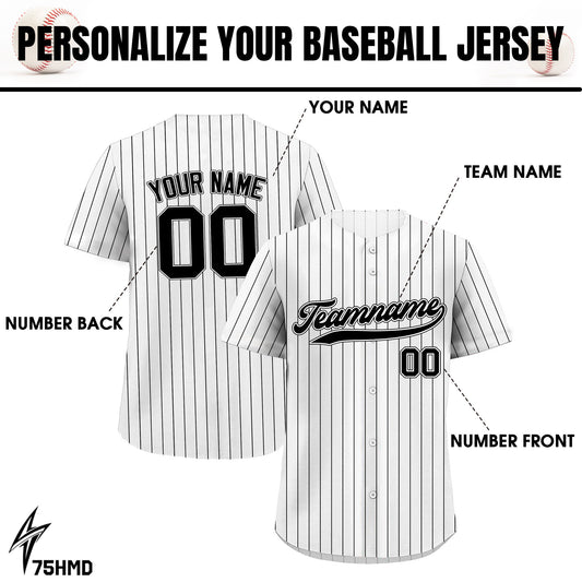 Printed White Black Pinstripe Custom Baseball Jersey with Teamname Name Number, Jersey Shirt for Men Women Youth Kid, Gift for Baseball Fans