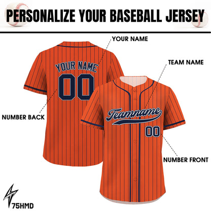 Printed Orange Navy Pinstripe Custom Baseball Jersey with Teamname Name Number, Jerseys Shirt for Men Women Youth Kid, Gift for Baseball Fan