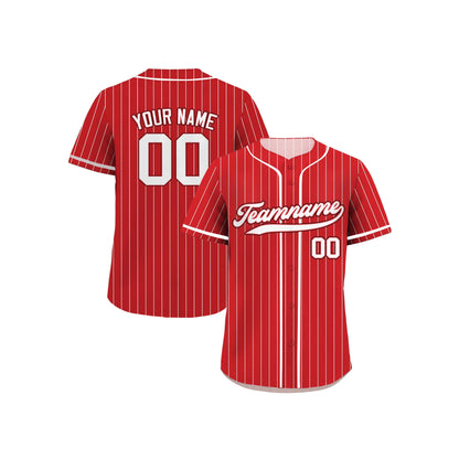 Printed Red White Pinstripe Custom Baseball Jersey with Teamname Name Number, Jersey Shirt for Men Women Youth Kid, Gift for Baseball Fans