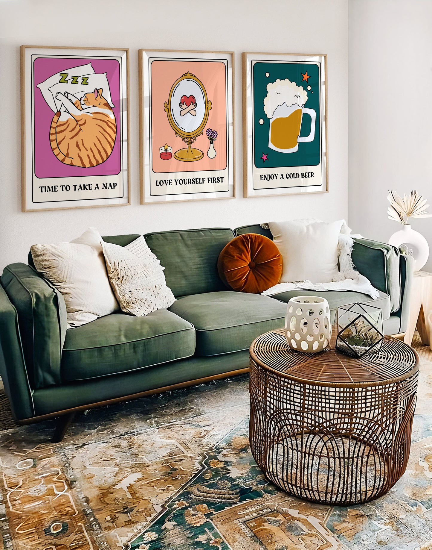 Enjoy A Cold Beer Tarot Card Style Print - Pint, Funky Retro Home Wall Art, Fun Tarot Card, Bold Colourful Cool Quote Print, 90s Trendy Art