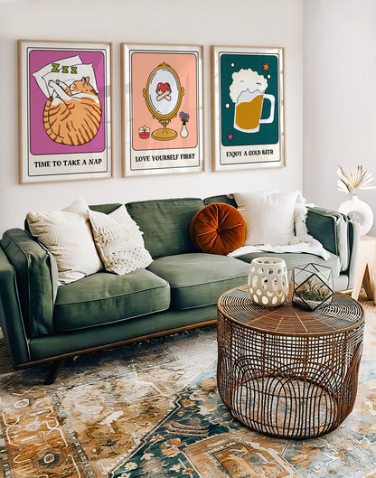 Enjoy A Cold Beer Tarot Card Style Print - Pint, Funky Retro Home Wall Art, Fun Tarot Card, Bold Colourful Cool Quote Print, 90s Trendy Art