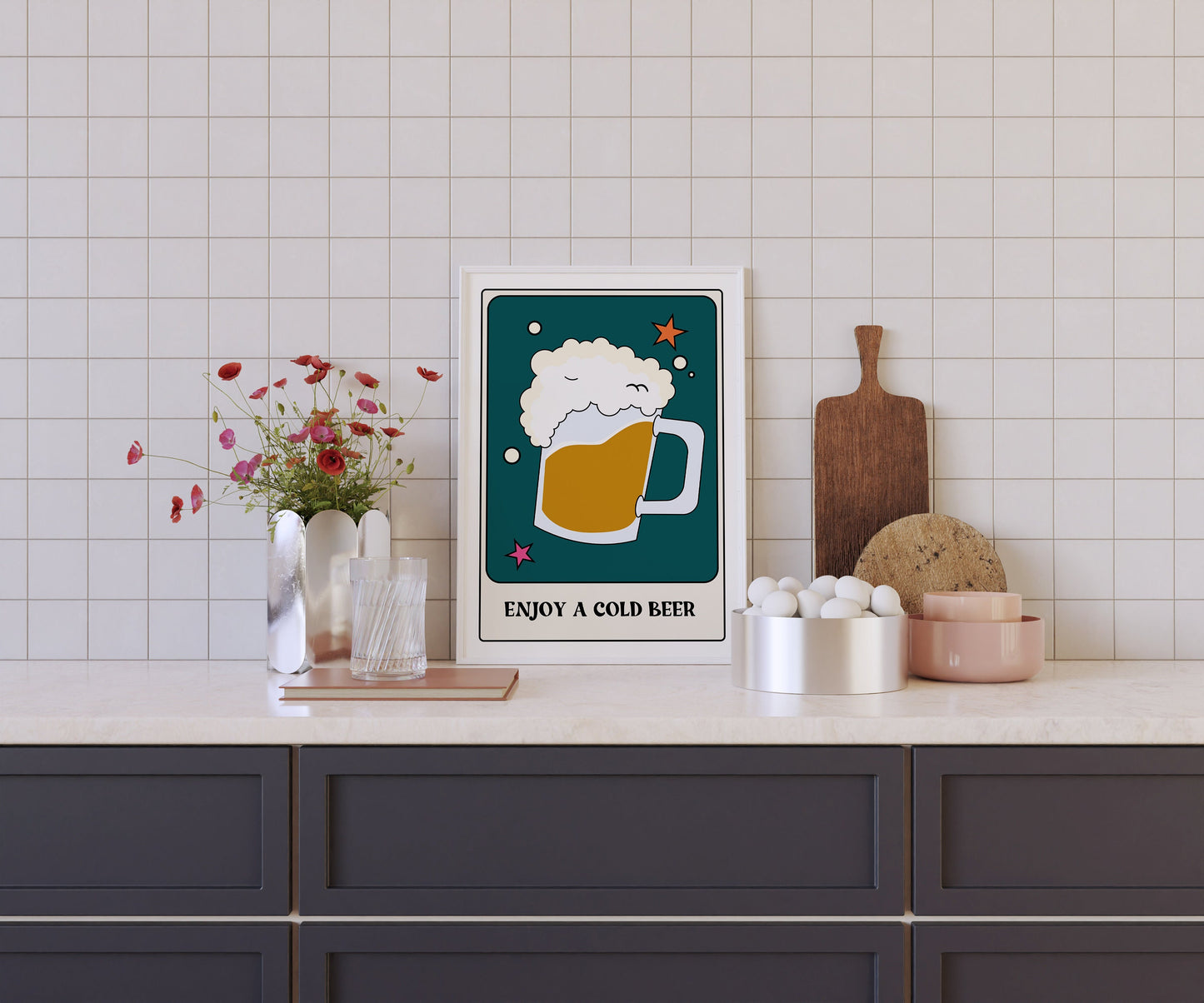 Enjoy A Cold Beer Tarot Card Style Print - Pint, Funky Retro Home Wall Art, Fun Tarot Card, Bold Colourful Cool Quote Print, 90s Trendy Art