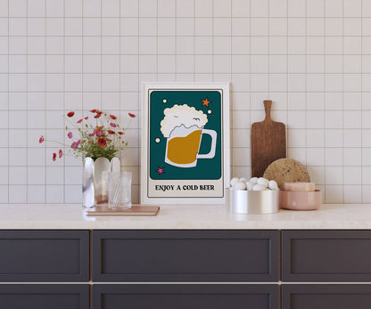 Enjoy A Cold Beer Tarot Card Style Print - Pint, Funky Retro Home Wall Art, Fun Tarot Card, Bold Colourful Cool Quote Print, 90s Trendy Art