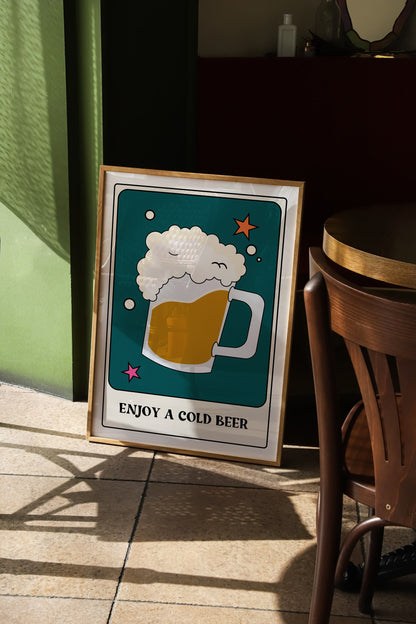 Enjoy A Cold Beer Tarot Card Style Print - Pint, Funky Retro Home Wall Art, Fun Tarot Card, Bold Colourful Cool Quote Print, 90s Trendy Art