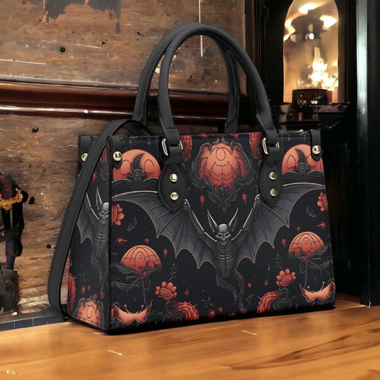 Halloween Bat Vegan Leather Bag, Horror Leather Bag, Dark Scoopy Halloween Dark Academia Handbag, Black Top Handle Bag, Gift For Halloween