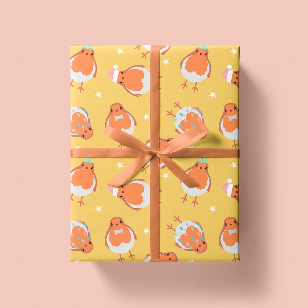 Christmas Robin Wrapping Paper Sheet 700x500mm - Robin Gift Wrap Sheet - Festive Wrapping Paper - Yellow Gift Wrap - Folded Sheet - Handmade