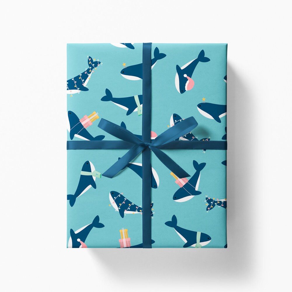 Christmas Whale Wrapping Paper 700x500mm - Whale Gift Wrap Sheet - Festive Wrapping Paper - Blue Gift Wrap - Christmas Wrapping Paper