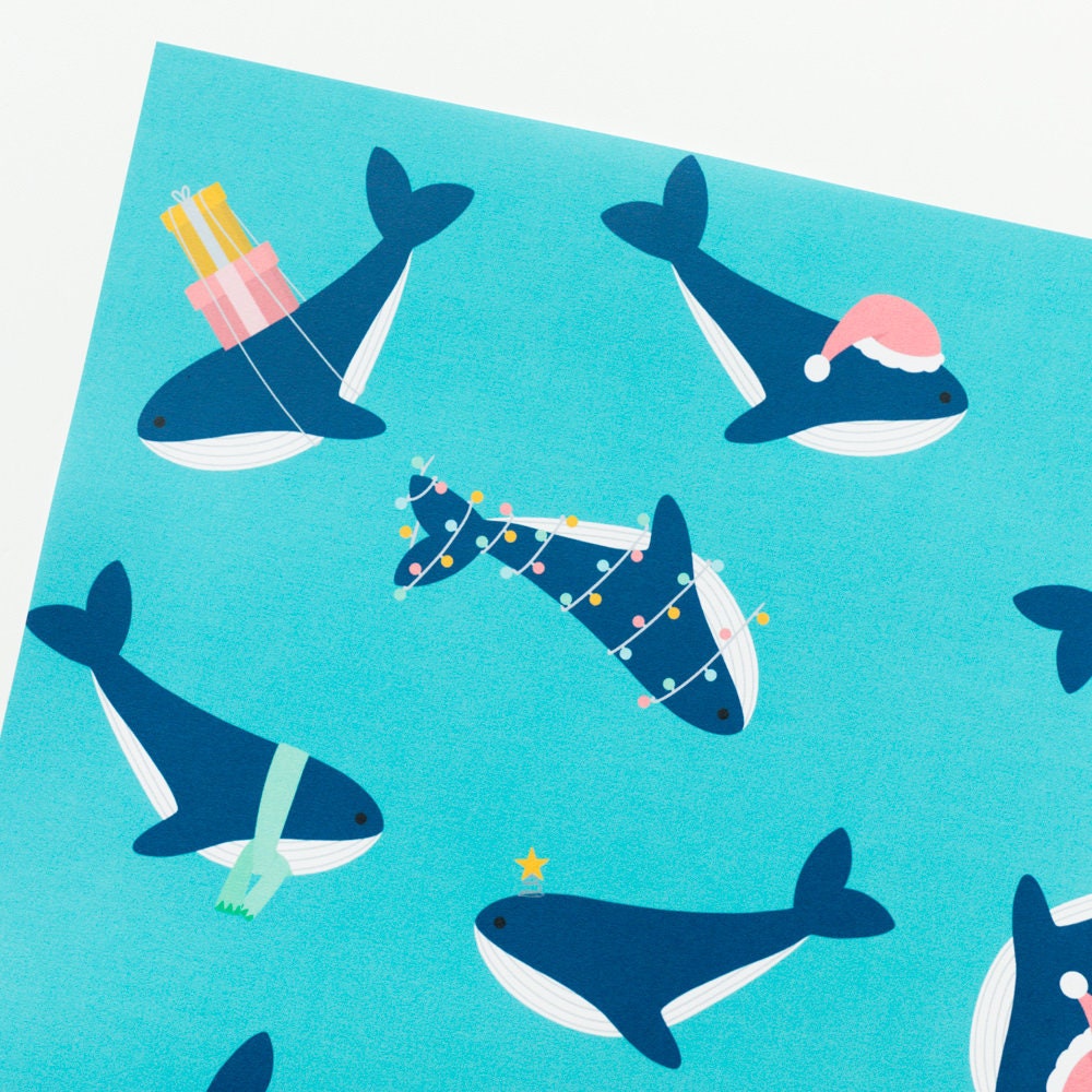 Christmas Whale Wrapping Paper 700x500mm - Whale Gift Wrap Sheet - Festive Wrapping Paper - Blue Gift Wrap - Christmas Wrapping Paper
