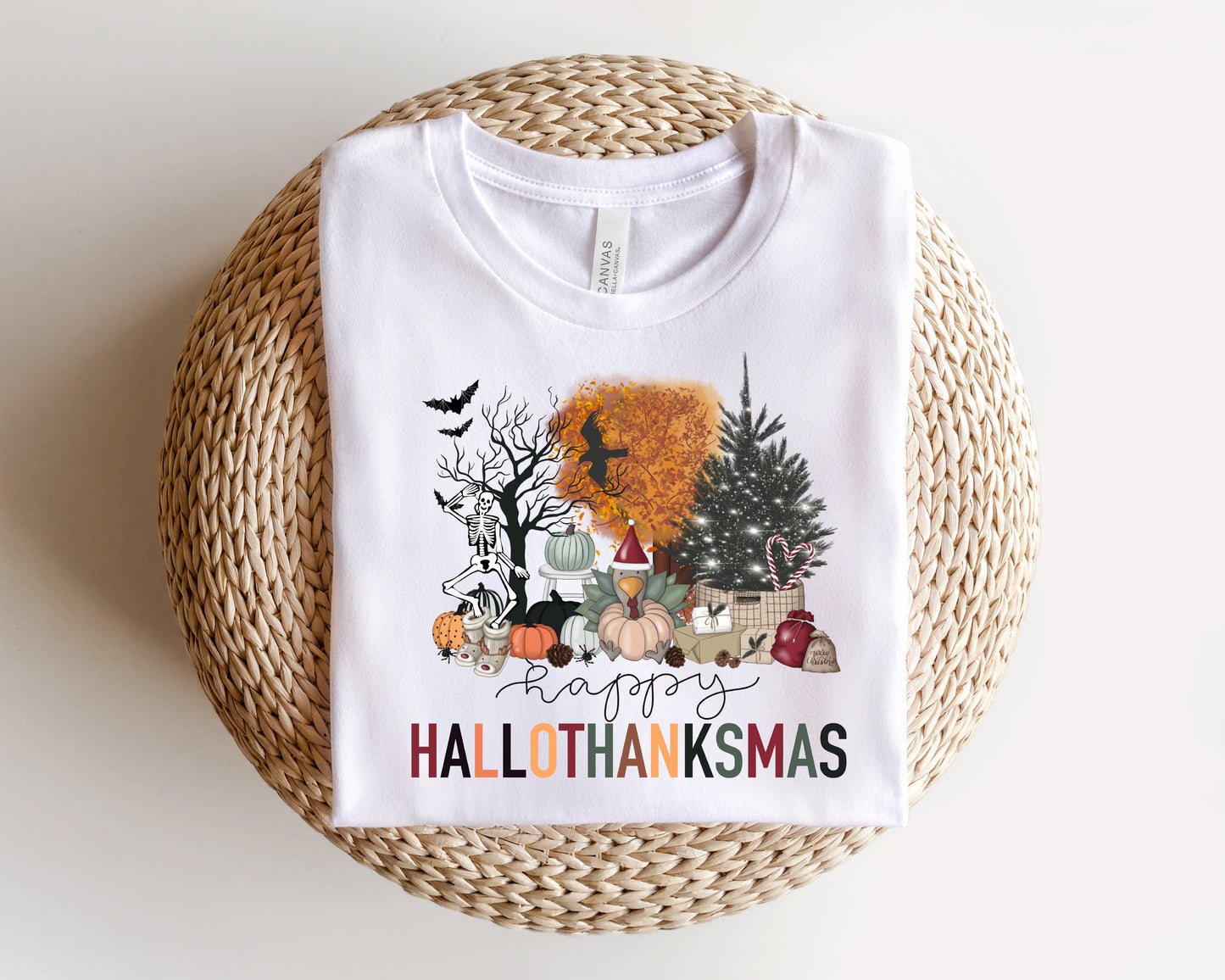 Happy Hallothanksmas Sweatshirt, Halloween Gift For Women ,Christmas Sweatshirt, Cute Halloween Sweater, Colorful Halloween Sweatshirt