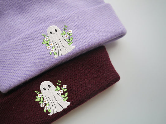 Spooky Ghost Floral Wreath Halloween Embroidered Beanie - More Colours - Cute Beanie - Spooky Season