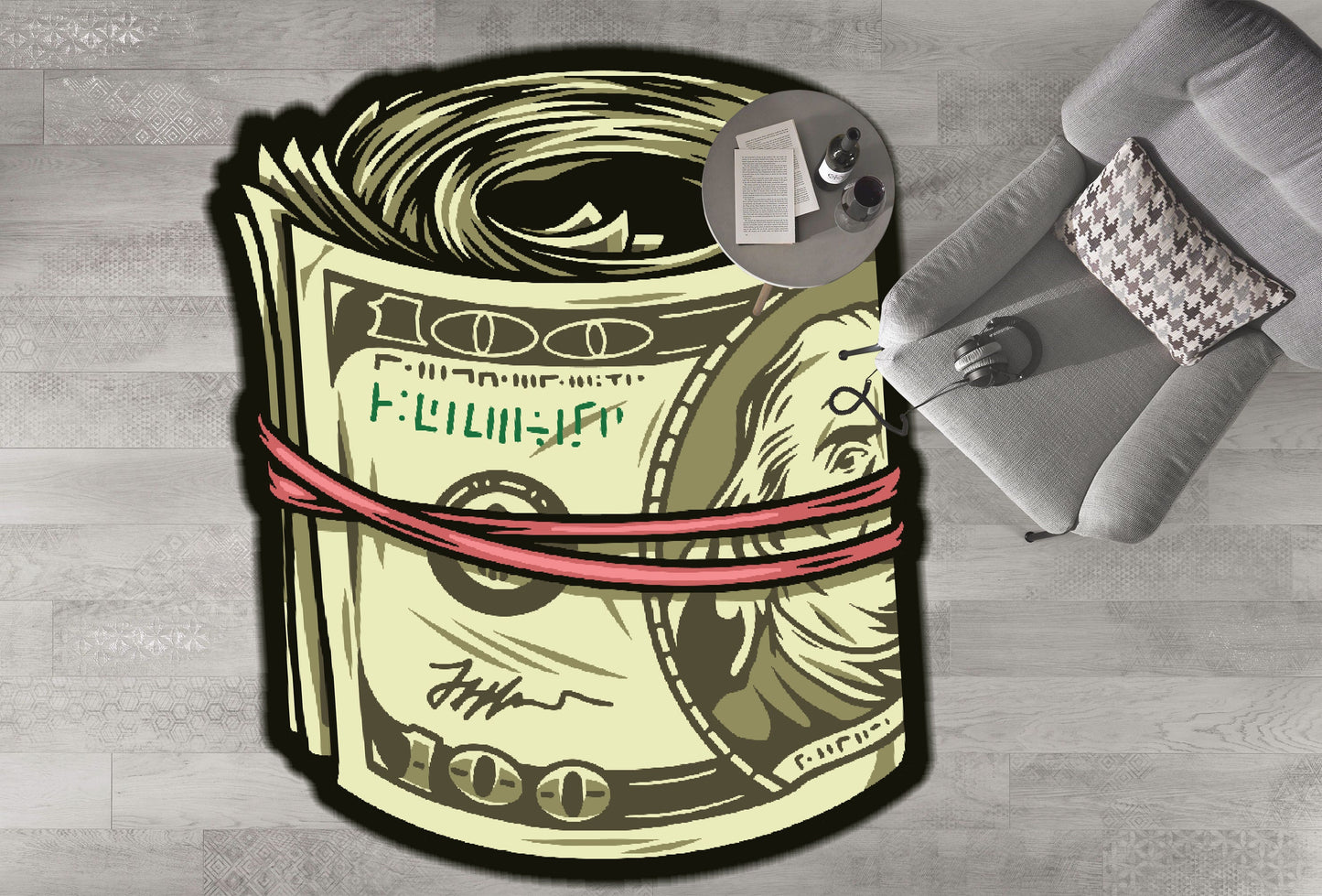 Money Roll Area Rug: Modern Dollar Bill Design