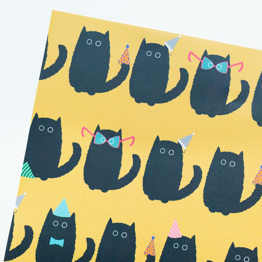 Black Cat Party Wrapping Paper Sheet 700mmx500mm - Yellow Cat Gift Wrap Sheet - Halloween Gifting - Black Cat Lovers - Birthday, Celebration