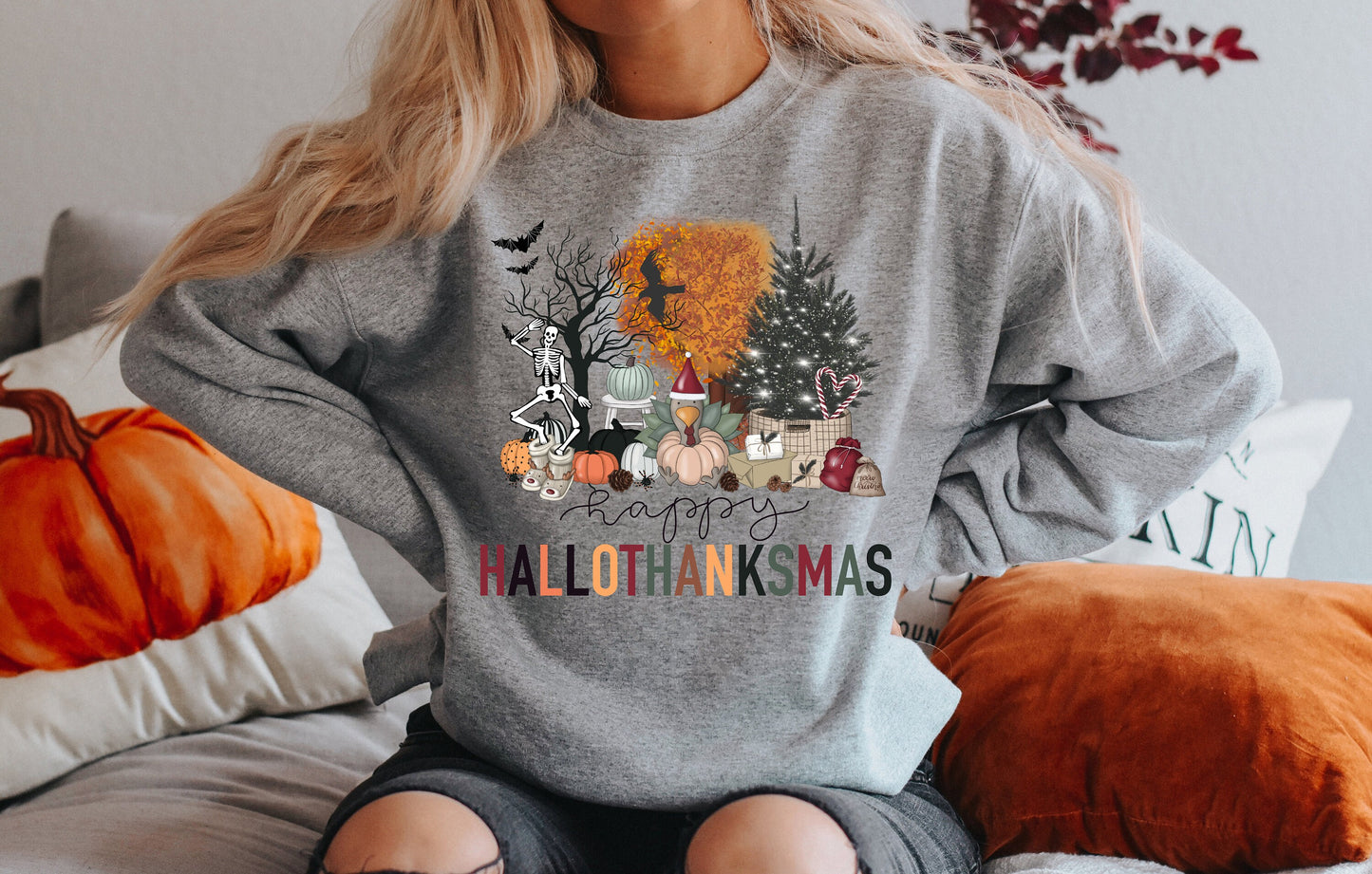 Happy Hallothanksmas Sweatshirt, Halloween Gift For Women ,Christmas Sweatshirt, Cute Halloween Sweater, Colorful Halloween Sweatshirt