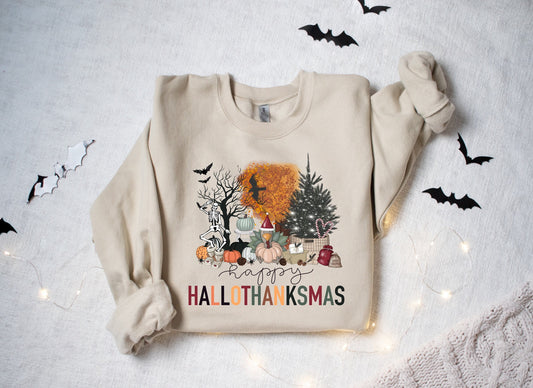 Happy Hallothanksmas Sweatshirt, Halloween Gift For Women ,Christmas Sweatshirt, Cute Halloween Sweater, Colorful Halloween Sweatshirt