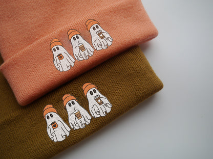 Spooky Ghost Drinking Coffee Halloween Embroidered Beanie - More Colours - Hipster Ghost - Cute Beanie - Spooky Season