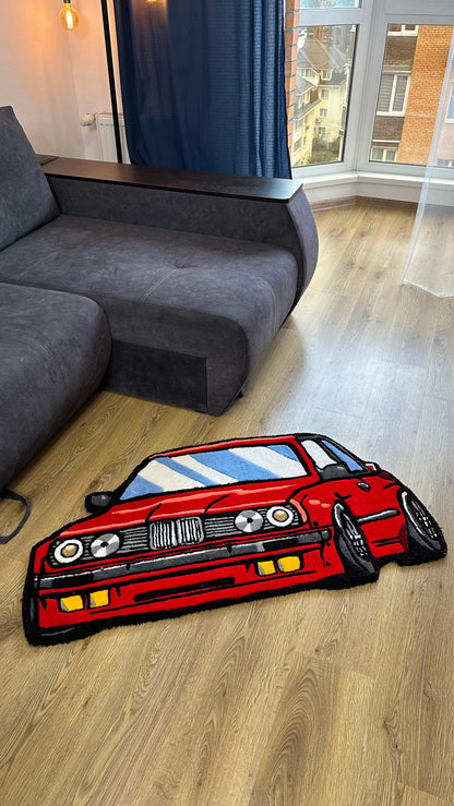 Red JDM Car Tufted Rug – Custom Handmade Drift Car Carpet, Cool Racing Room Decor for Car Lovers, Auto Enthusiast Gift, Ready to Ship!
