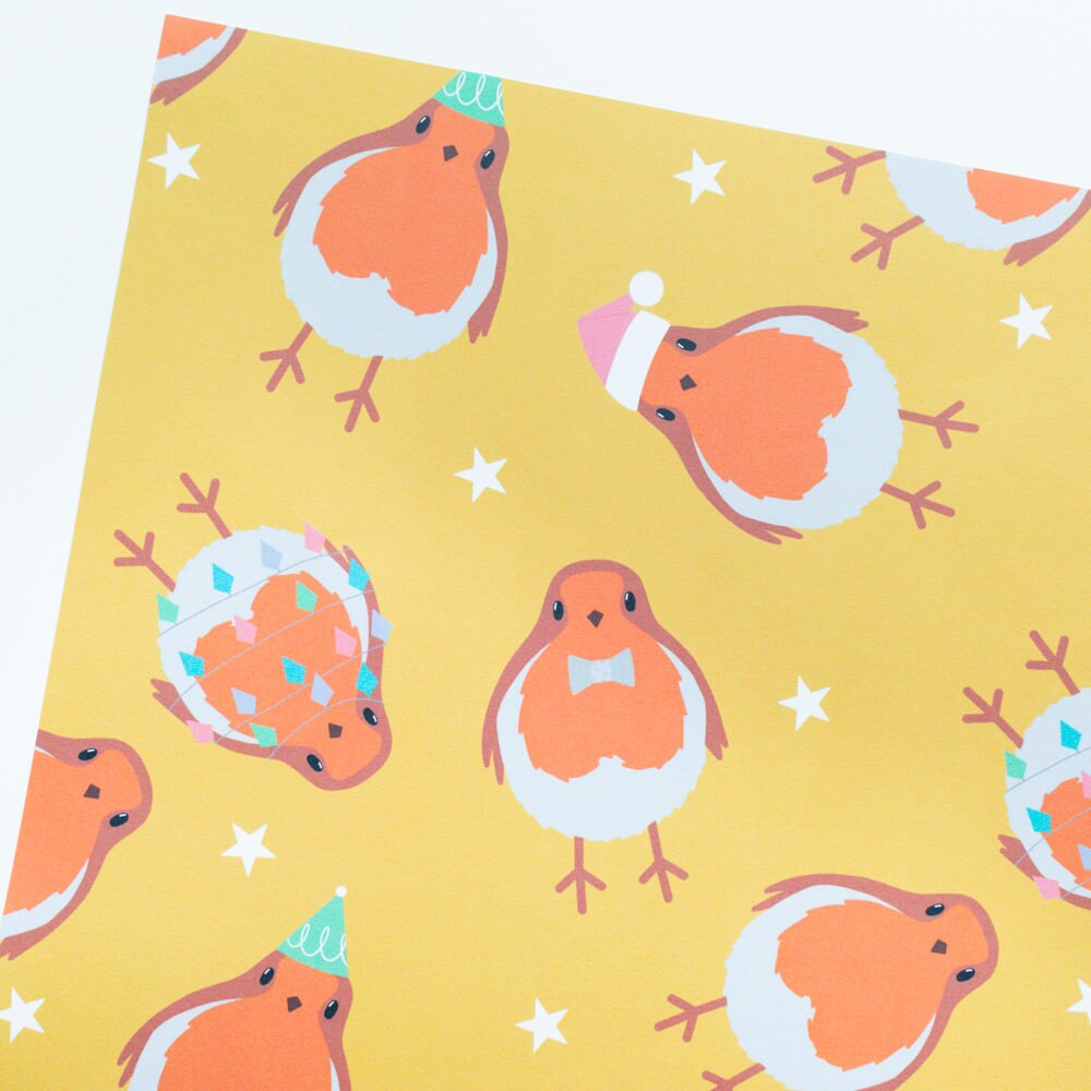 Christmas Robin Wrapping Paper Sheet 700x500mm - Robin Gift Wrap Sheet - Festive Wrapping Paper - Yellow Gift Wrap - Folded Sheet - Handmade