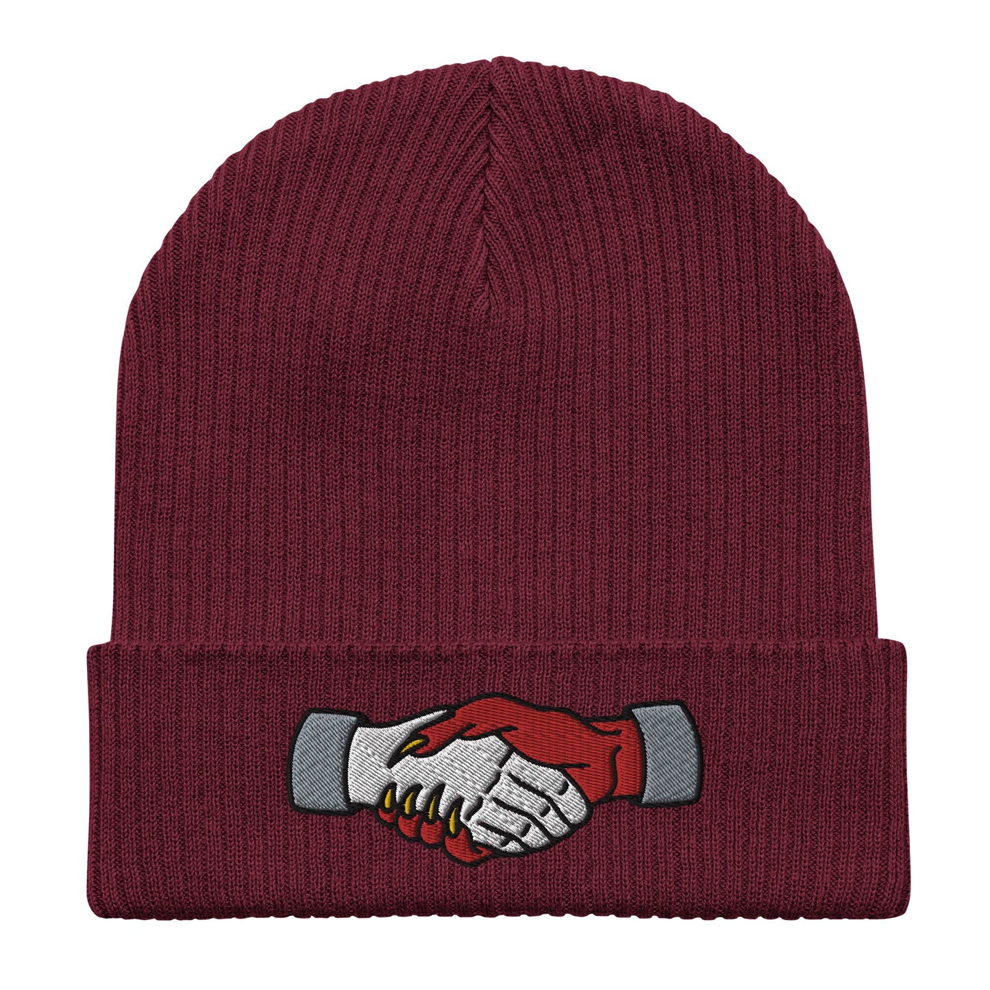 Demon Handshake Embroidered Beanie, Tattoo Inspired Clothing, Tattoo Flash, Unisex Cuffed Knit Hat, Tattoo Apparel, Ribbed Knit Beanie