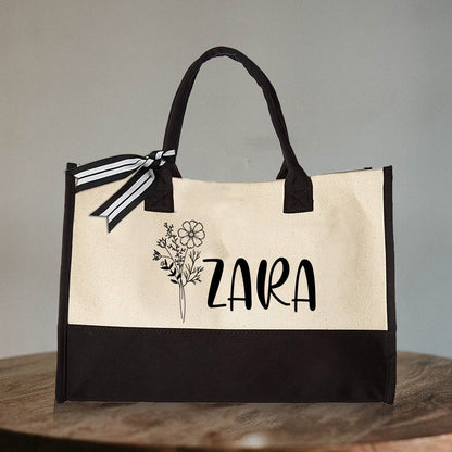 Floral Name Tote, Personalized Canvas Tote, Mothers Day Gifts, Gift for Her, Birth Month Flower Bag, Custom Tote Bag, Reusable Shopping Bag