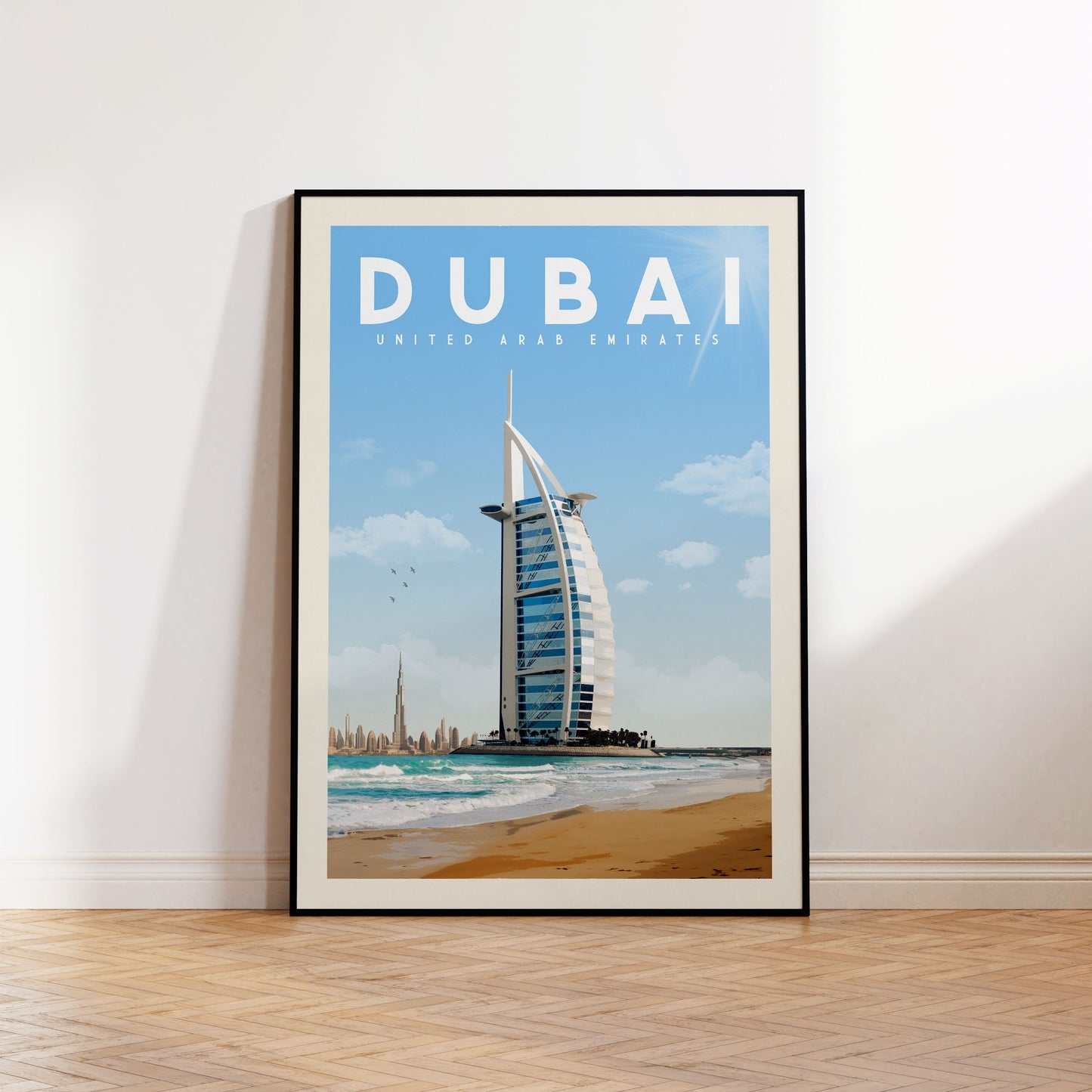 Dubai Poster, Dubai Print, Dubai Wall Art | Vintage Travel Poster | Dubai Beach Skyline Print for World Traveler
