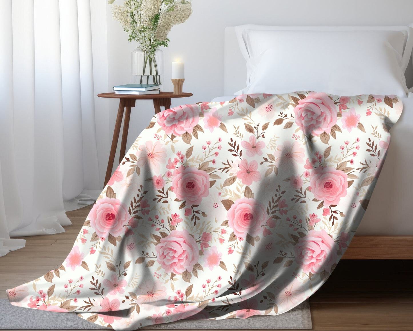 Floral Throw Blanket Pink Rose Blanket, Botanical Throw Blanket Gift for Flower Lovers, Gift for Gardener, Floral Fleece, Flower Home Decor