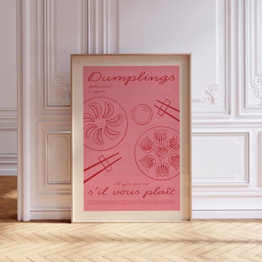 Dumplings Poster, Modern Kitchen Decor, Vintage Food Print, Retro Food Art, Retro Food Poster, Asian Food Poster, Kitchen Wall Art, Gyoza