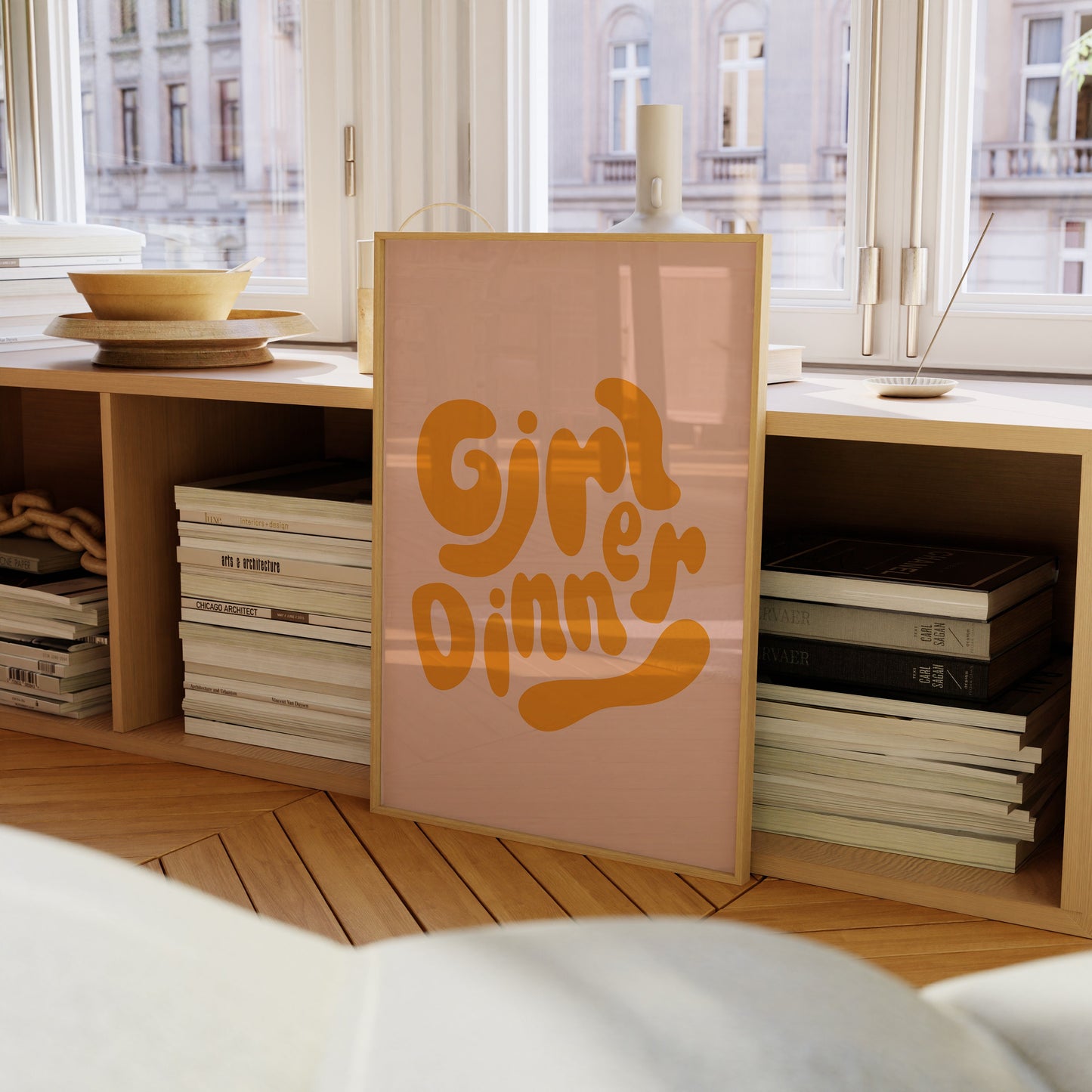 Girl Dinner Print: Retro Pink & Orange Kitchen Art