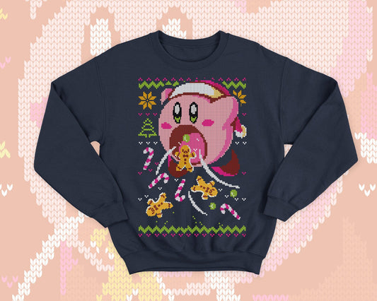 Kirby Ugly Christmas - Kawaii sweatshirt gift - Cute pink hungry Kirby - Sweets and cookies