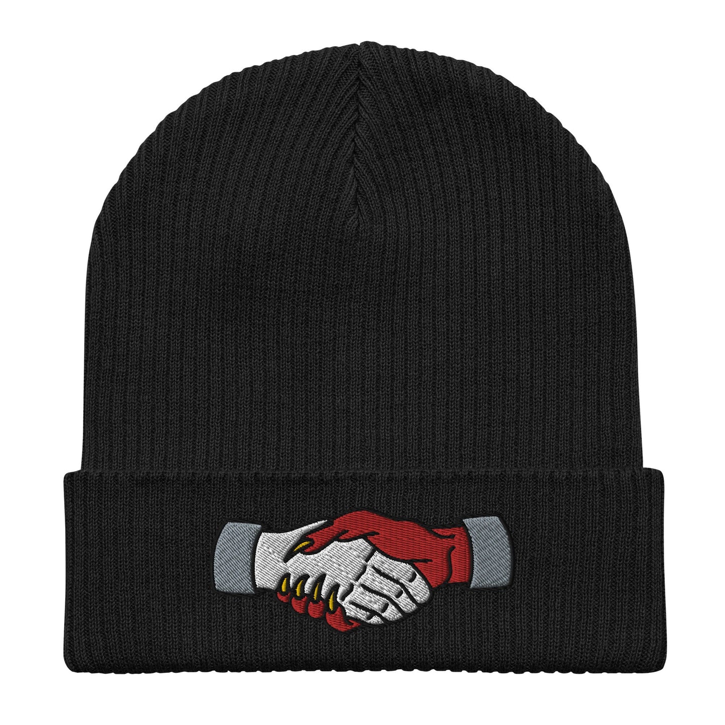 Demon Handshake Embroidered Beanie, Tattoo Inspired Clothing, Tattoo Flash, Unisex Cuffed Knit Hat, Tattoo Apparel, Ribbed Knit Beanie