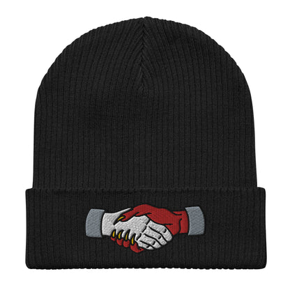 Demon Handshake Embroidered Beanie, Tattoo Inspired Clothing, Tattoo Flash, Unisex Cuffed Knit Hat, Tattoo Apparel, Ribbed Knit Beanie