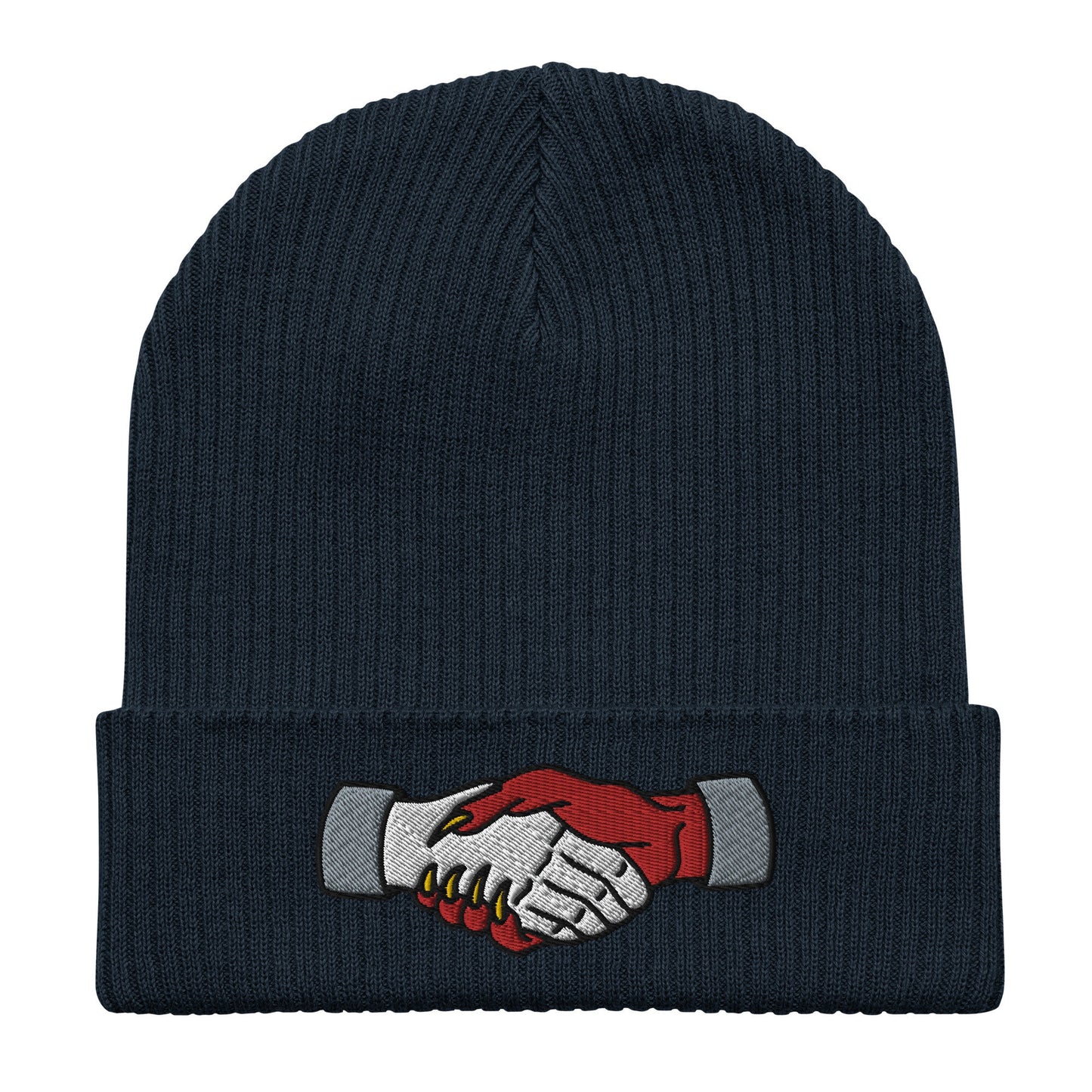 Demon Handshake Embroidered Beanie, Tattoo Inspired Clothing, Tattoo Flash, Unisex Cuffed Knit Hat, Tattoo Apparel, Ribbed Knit Beanie